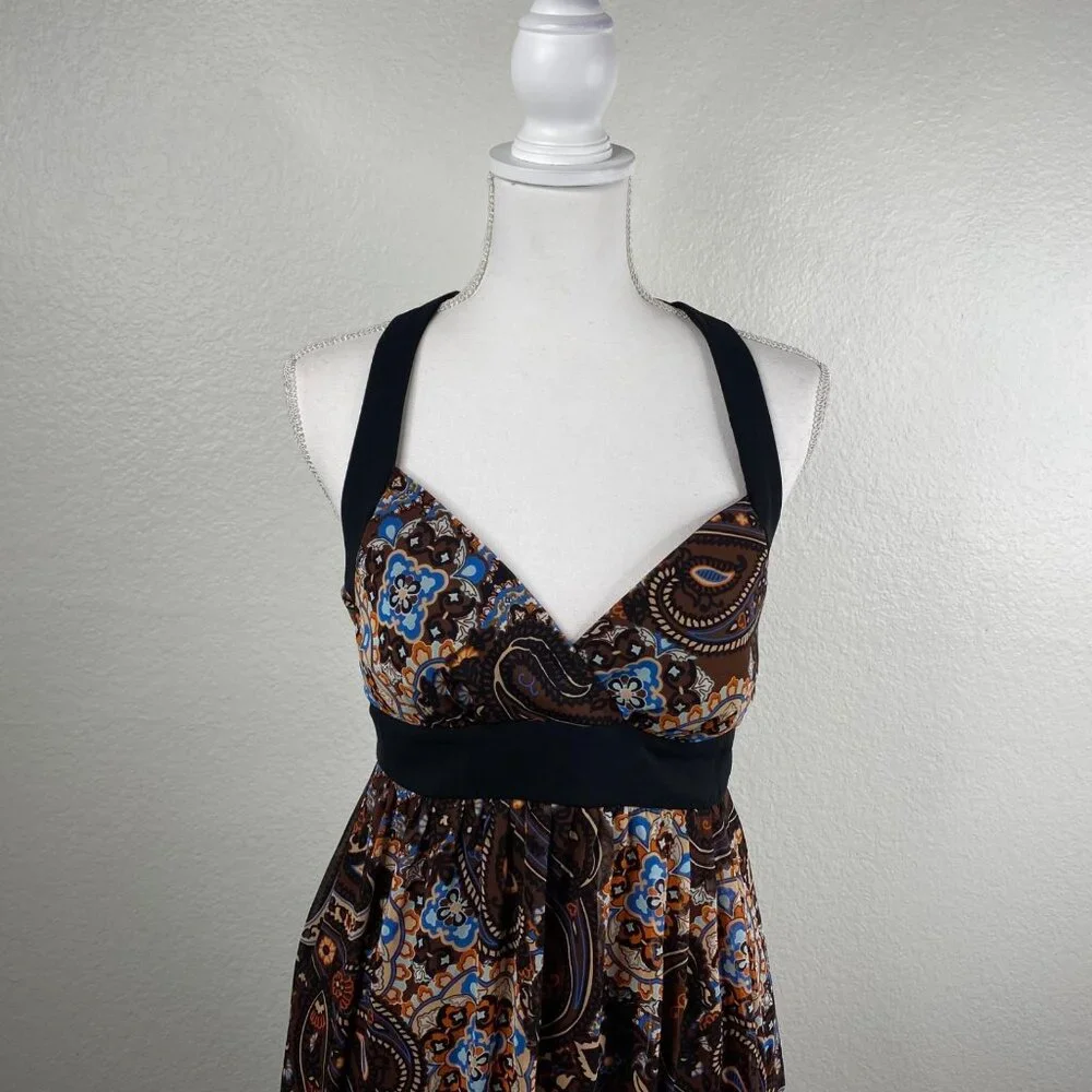 Bisou Bisou Michelle Bohbot Dress Babydoll Halter Maxi Brown Sz 8 Resort Boho